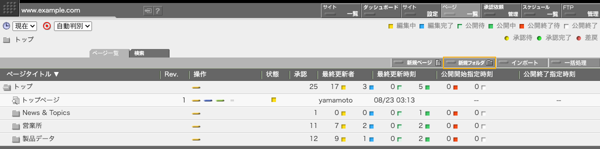 ページ一覧ボタンにある「新規フォルダ」ボタン ページ一覧ボタンにある「新規フォルダ」ボタン