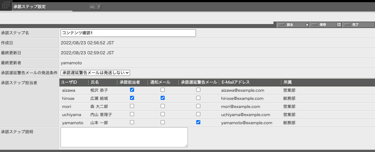 承認ステップ設定画面 承認ステップ設定画面