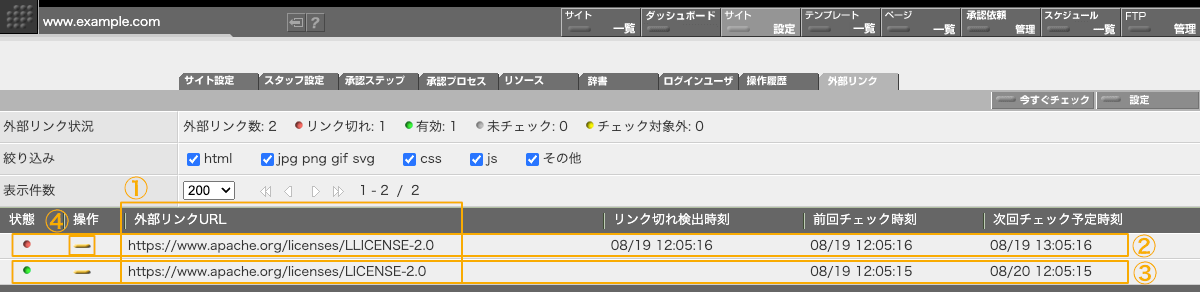 外部リンク一覧画面 外部リンク一覧画面