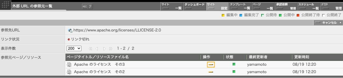 外部リンクに対するリンク元一覧画面 外部リンクに対するリンク元一覧画面
