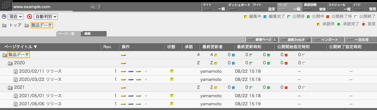 カレントフォルダはページ一覧画面の左上に表示されています カレントフォルダはページ一覧画面の左上に表示されています