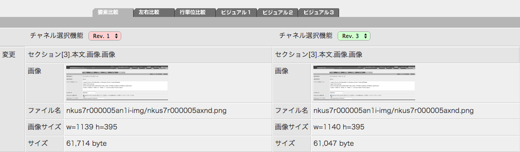 要素レベルの比較で画像に差異がある場合の表示例