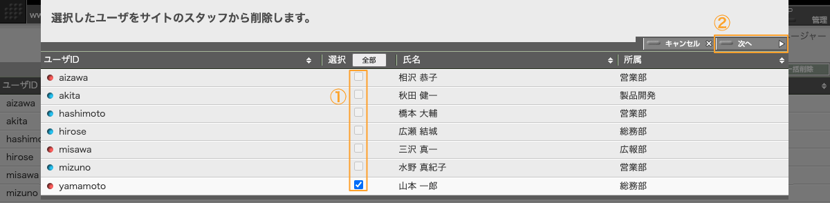 スタッフ削除パネルで解任するスタッフを選択します