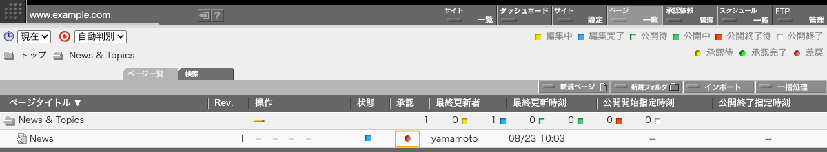 ページ編集画面の承認欄に差戻しマークが表示されます