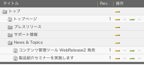 ページ一覧画面でフォルダが開いている状態