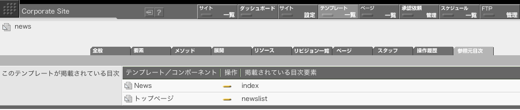 テンプレートを参照している目次の一覧