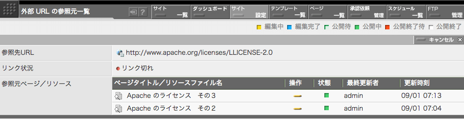 外部リンクに対するリンク元一覧画面