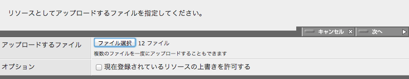 リソースアップロードパネルでアップロードするファイルを指定してください