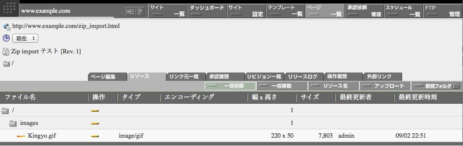 zip ファイル中のファイルがページリソースとして登録されています